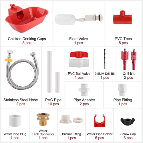 Kalolary Complete Set Automatic Chicken Drinking System, Upgraded Extra Large Poultry Chicken Waterer Cup with Stainless Steel PVC Pipeline，Float Valve and Tank Connector Kit(66 Accessories Included)