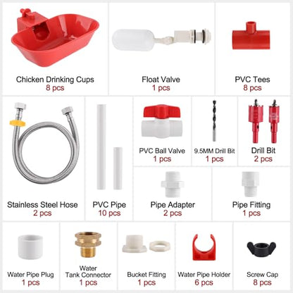 Kalolary Complete Set Automatic Chicken Drinking System, Upgraded Extra Large Poultry Chicken Waterer Cup with Stainless Steel PVC Pipeline，Float Valve and Tank Connector Kit(66 Accessories Included)