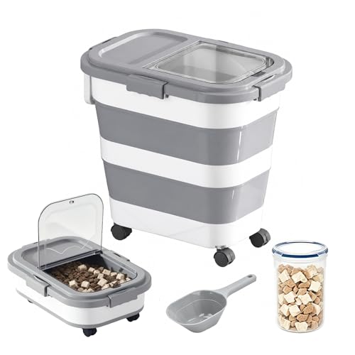 23-25-Liter Foldable Airtight Dog Food Container with Airtight Lid, Wheels, Handle, and Scoop; Large Cat Food Storage Bin; Pet Food Storage Container