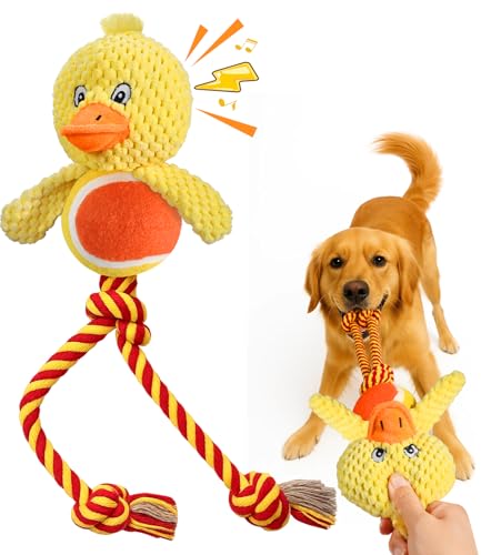 Swooflia Durable Squeaky Dog Toy - Interactive Plush Cute Duck with Rope Legs, Teeth Cleaning Tug Toy for Small Medium and Large Dogs, Puppy Chew Toy for Training and Play - color: Yellow