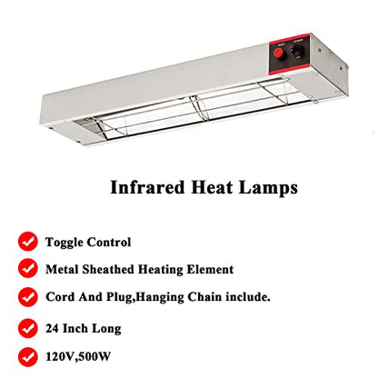 24 Inch Food Heat Lamp Commercial Food Warmer Overhead Strip Warmer 500 Watts with Chain and Us Plug,110v (24") - size: 24"