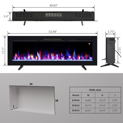 54" Electric Fireplace, Recessed, Wall Mounted and Freestanding Fireplace Heater, Adjustable Flame Color, Speed & Brightness, Thermostat, 9H Timer, Child Lock - size: 54"