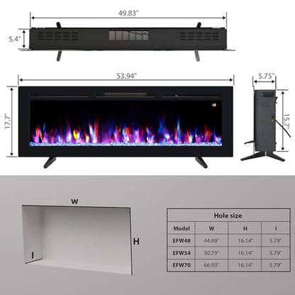54" Electric Fireplace, Recessed, Wall Mounted and Freestanding Fireplace Heater, Adjustable Flame Color, Speed & Brightness, Thermostat, 9H Timer, Child Lock - size: 54"