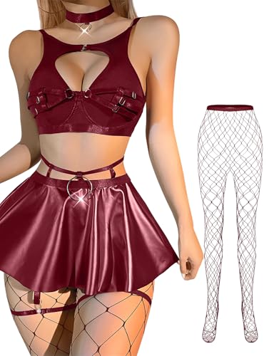 Lilosy Sexy Stocking Chocker Strappy Underwire O Ring Push Up Garter Belt Women Skirt 5 Piece - color: Wine Red, size: Medium