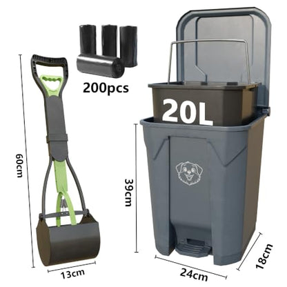 Outdoors Pet Waste Station 20L/5 Gallon Dog Poop Trash Can with Lid – Foot Pedal, Removable Inner Bin,Includes 200 Bonus Waste Bags & Long Handle Green Pooper Scooper