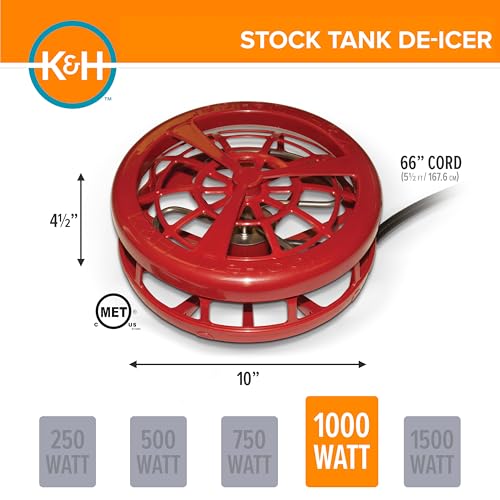 K&H Thermostatically Controlled Stock Tank Deicer – Floating or Submersible Livestock Water Heater with Protective Cage & Cord Clip – Safe for Plastic, Rubber & Metal Tanks - 1000 Watt - size: 1000 Watts