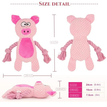 Cotton Rope Squeaky Dog Toy with Crinkle Paper – Interactive Plush Chew Toy for Small & Medium Puppies, Pig Design - color: Pink