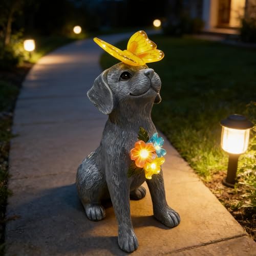 Dog Garden Statue Solar Butterfly, Dogs Figurines with Lantern Outdoor Patio Yard Decor Ideal Birthday Housewarming Gifts ,Dad Mom Grandma Dog Lovers, Beautifully Crafted Decorations to Wow Guests - style: grey dog