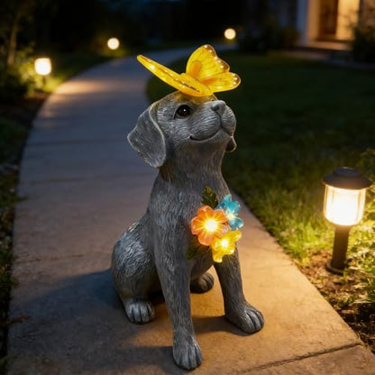 Dog Garden Statue Solar Butterfly, Dogs Figurines with Lantern Outdoor Patio Yard Decor Ideal Birthday Housewarming Gifts ,Dad Mom Grandma Dog Lovers, Beautifully Crafted Decorations to Wow Guests - style: grey dog