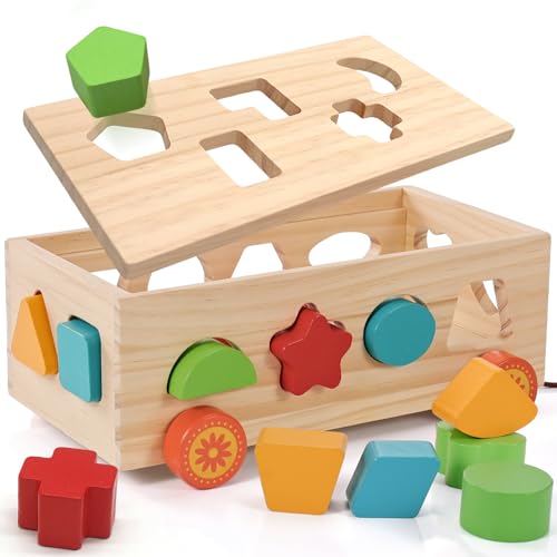 Shape Sorter - Montessori Wooden Learning Shapes Toy with 17 Shape Blocks - Early Education and Sensory Development Storage Pull Car for Toddlers, SSC03 - color: Shape Blocks