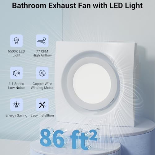 10 Inch Panel Bathroom Exhaust Fan with Light, 77CFM 1.1 Sones Round Quiet Bathroom Fan with 12W 6500K LED Light Combo, 4 Inch Duct Ceiling Mount Exhaust Fan for Home/Bath/Office/Hotel, White - size: round