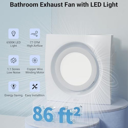10 Inch Panel Bathroom Exhaust Fan with Light, 77CFM 1.1 Sones Round Quiet Bathroom Fan with 12W 6500K LED Light Combo, 4 Inch Duct Ceiling Mount Exhaust Fan for Home/Bath/Office/Hotel, White - size: round