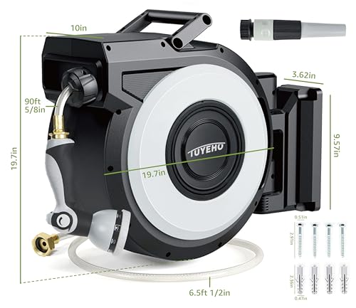 Tuyeho 5/8" Heavy-Duty Auto Retractable Garden Hose Reel 90FT Wall Mount | Automatic Rewind, Any Length Lock, 2 Nozzle, Rustproof, Easy Install, Garden Watering, Car Wash, Pet Shower, Lifetime Service - size: 5/8" 90FT