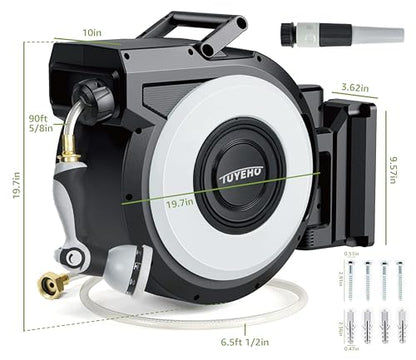 Tuyeho 5/8" Heavy-Duty Auto Retractable Garden Hose Reel 90FT Wall Mount | Automatic Rewind, Any Length Lock, 2 Nozzle, Rustproof, Easy Install, Garden Watering, Car Wash, Pet Shower, Lifetime Service - size: 5/8" 90FT