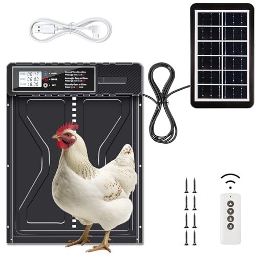 Solar Powered Chicken Coop Door with Remote & LCD Timer – Battery-Free Auto Open/Close, Weatherproof Aluminum Hen House Door, Easy Install, Predator-Proof Motorized Coop Door - color: Black+Solar