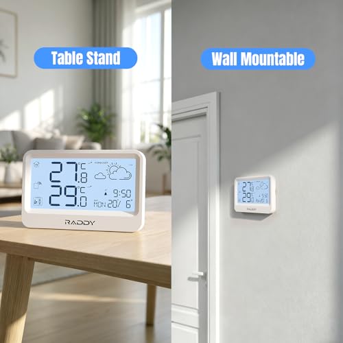 Raddy WF-60 Digital Home Weather Station, Indoor Outdoor Thermometer with Weather Forecast, Professional Temp Monitor with Frost Alarm, Alarm Clock, Battery Operated, for Home Garden
