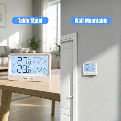 Raddy WF-60 Digital Home Weather Station, Indoor Outdoor Thermometer with Weather Forecast, Professional Temp Monitor with Frost Alarm, Alarm Clock, Battery Operated, for Home Garden