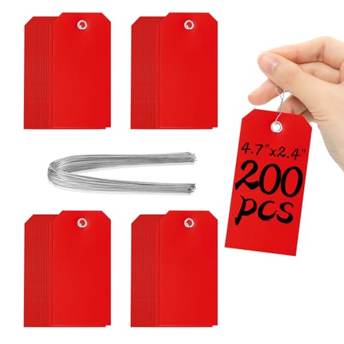 200 Red Tags - 4 3/4" x 2 3/8" Writable Hang Tags with Reinforced Marking for Auto Parts, Luggage, Garage, Inventory & Outdoors - color: Red
