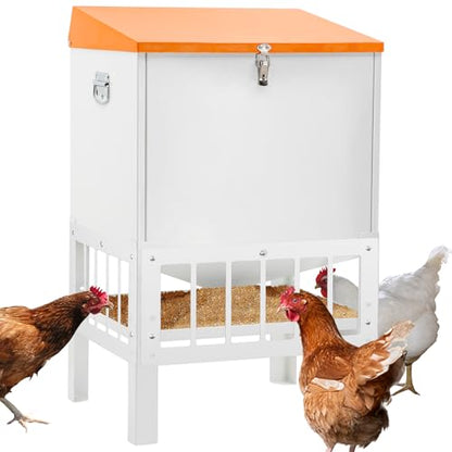 Chicken Feeder with Grille, 85LBS No Waste Chicken Feeder with 22 Ports, Powder-Coated Steel Feeder w/Waterproof Lid and Stainless Handles, 18”L x 15.1”W x 29.5”H - size: 85LBS