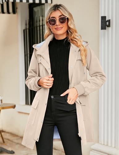 Bloggerlove Rain Jacket Women Lightweight Raincoat Waterproof Windbreaker Striped Climbing Outdoor Hooded Trench Coats S-XXL - color: Khaki, size: XX-Large