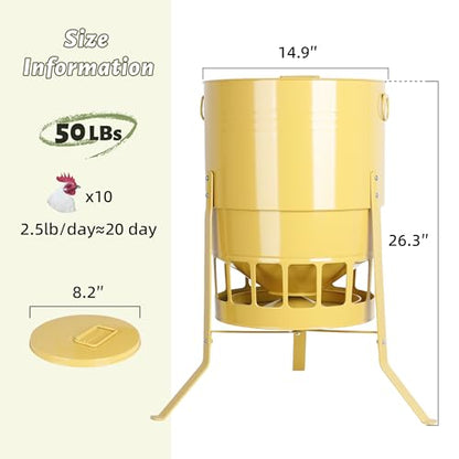 KOL Chicken Feeder No Waste for Coop & Outdoors, 16 Port 50lbs Poultry Feeder with Spill-Control Design, Rust-Proof Powder Coated Metal & Smooth Safe Edges (Yellow) - color: Yellow