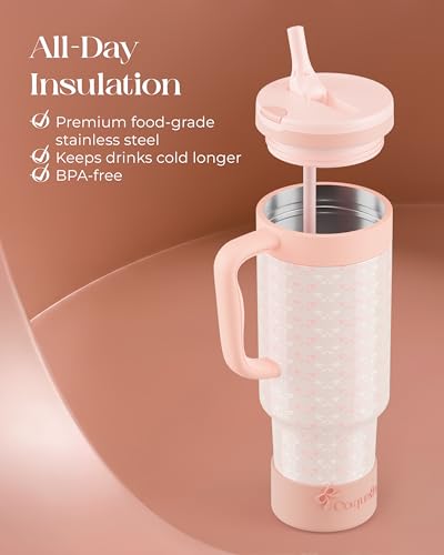 40 oz Insulated Tumbler with Handle and Push-Button Straw Lid, Stainless Steel Travel Cup for Gym Office, Leakproof, BPA-Free, Cup Holder Friendly, Bow Silicone Boot, Cream (Coquette Peachy) - color: Coquette Peachy