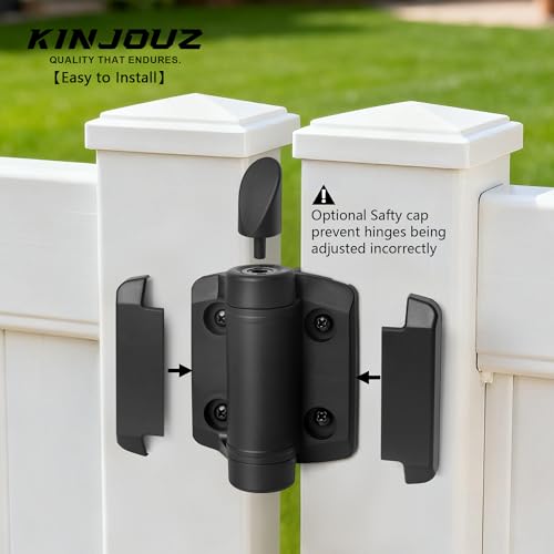 Self Closing Gate Hinges, Heavy Duty Self-Aligning Spring Nylon Hinges, Adjustable Tension with Safety Cap Fence Hinges Kit for Outdoor Metal/Vinyl/Wooden Gate, 1 Pair Black