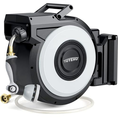 Tuyeho Heavy-Duty Automatic Retractable Garden Hose Reel 130FT Wall Mount | Automatic Rewind, Any Length Lock, 2 Nozzle, Rustproof, Easy Install, Garden Watering, Car Wash, Pet Shower,Lifetime Service - size: 1/2" 130FT
