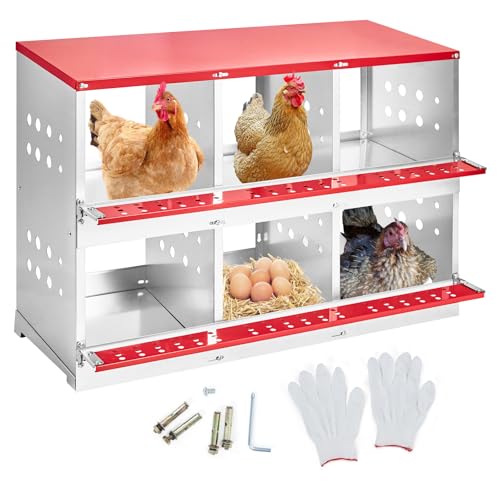 GarveeLife Chicken Nesting Boxes for Laying Eggs, Metal Chicken Nesting Box with Vented Holes and Swing Perch for Chicken Coop, Egg Laying Boxes for Chickens, Hens, Ducks (6 Compartments)