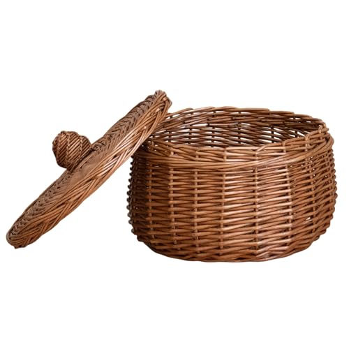 Handwoven Wicker Egg Basket with Lid, Round Farmhouse Rustic Collecting for Kitchen, Chicken Coop & Fruit