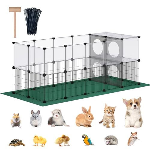 DINMO Small Animal Playpen with Oxford Mat, 24 inches Height, Pet Exercise Fence, Home Protector, Iron Mesh and Plastic Combination, Visualization, DIY, Games Hole Series, 60.2 x 24.8 x 24.8inch - style: Plastic and Metal Mesh Design