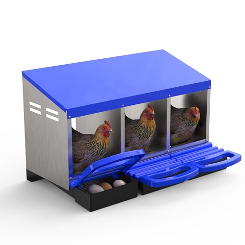 GarveeLife Chicken Nesting Box 3 Hole, Galvanized Steel Nest with Roll Away Egg Collection & Swing Perch, Easy-Clean Laying Box for Hens, Heavy Duty Design for Chicken Coop - color: Blue, size: 3 holes
