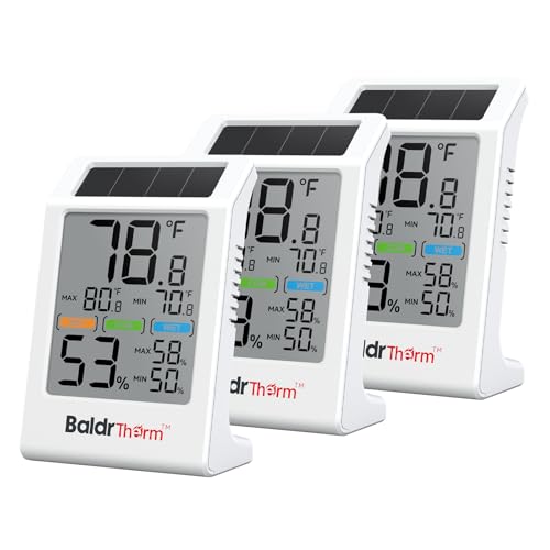 BaldrTherm Room Thermometer Indoor Humidity Meter Solar Powered with Max/Min Memory & Comfort Indicator - 3.2" Large Display for Home, White (White 3pack) - color: White 3pack