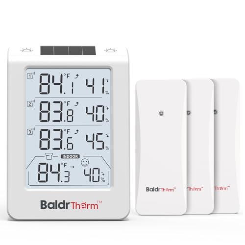 BaldrTherm Indoor Outdoor Thermometer Wireless, Temperature Humidity Monitor with 3 Remote Sensors, 4.8" Digital Display 330ft Range Real-Time Alerts Smart Backlight Hygrometer Thermometer, White - color: white