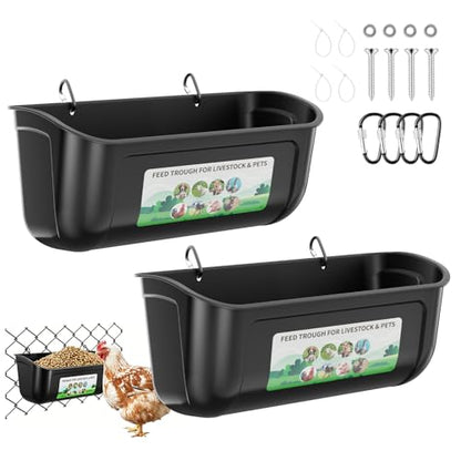 Chicken Feeder Trough, Hanging Fence Feed Trough for Livestock Poultry, Chicken Feeder Waterer Bucket for Goat Sheep Deer Poultry Duck Gooses（ 2 * 2.7 Quart ） - color: Black
