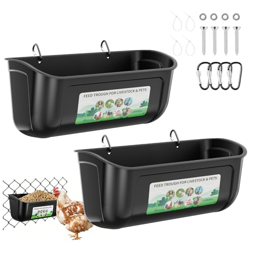 Chicken Feeder Trough, Hanging Fence Feed Trough for Livestock Poultry, Chicken Feeder Waterer Bucket for Goat Sheep Deer Poultry Duck Gooses（ 2 * 2.7 Quart ） - color: Black