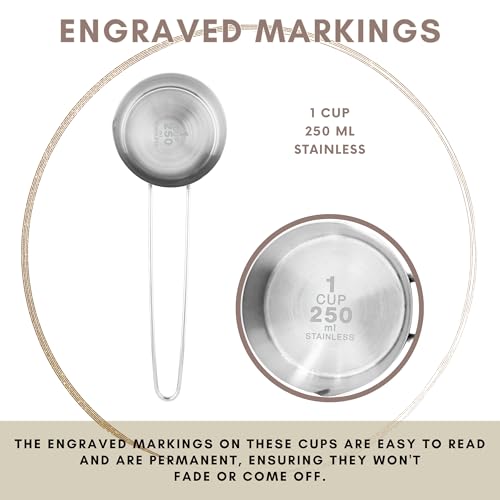 1 Cup Stainless Steel Measuring Cup, Long 6" Wire Loop Handle and Pour Spout | Sturdy Metal 250 ml | 240 cc | 8 oz | Single Cup for Wet and Dry Ingredients | Great for use as 1 Cup Dog Food Scoop - size: 1 Cup Long Handle