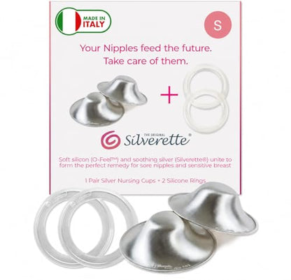 Silverette® The Original Silver Nursing Cups, Nipple Covers for Breastfeeding Essentials, Pure 925 Silver Nipple Shields - color: Small - Regular With O-Feel Silicone Rings