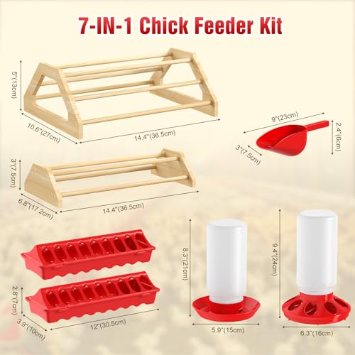 Pawaboo 7-in-1 Chicken Brooder Box for Chick Starter Kit, Includes Chicks Perches, Chicken Feeders, Chick Waterers, Chickens Feeding Spoon, Chicks Supplies (Brooder Set), Red + Wood Color - color: Red + Wood Color