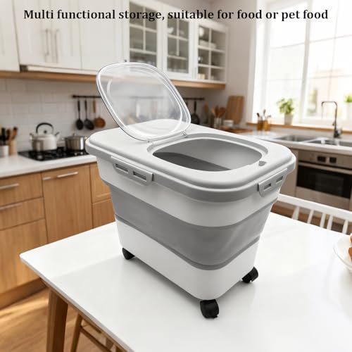 20-30 Lbs Rice and Pet Food Storage Container - Collapsible Airtight Food Storage with Rolling Wheel & Locking Lid, Flour Container with Cup & Scoop for Rice, Flour, Pet Food (Grey)