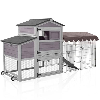Aivituvin Chicken Coop with Wheels Mobile Hen House Poultry Cage for 2-4 Chickens with Metal Run and Nesting Box 79" L - color: Grey, size: 81.9"L x 28.9"W x 43.6"H