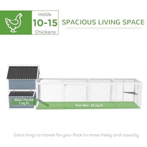 PawHut Extra Large Chicken Coop with 2 Nesting Box, 156" Wooden Hen House Poultry Cage with Extra Long Run Cage, Waterproof Wave Roof, Perches, Swings, for 10-15 Chickens, Rabbits, Ducks, Light Gray