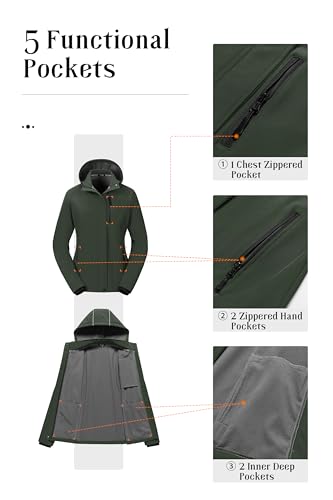Pursky Women's Softshell Jacket Lightweight Fleece Lined Rain Jacket Waterproof Warm Windbreaker Coat With Removable Hood - color: Army Green, size: Small