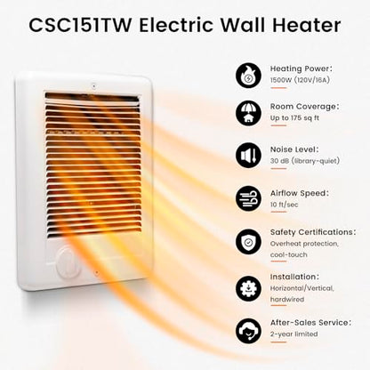 New Upgrade CSC151TW Electric Wall Heater-Complete Unit with Thermostat for Office Garage Indoor Use(Model: CSC151TW, Part: 67509), 5120 BTU, 120 Volt, 1500 Watt, White