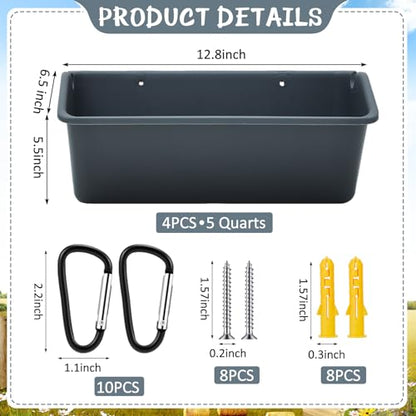 Wenqik 4 Pack Chicken Feeder Waterer Hanging Goat Feeders, 5 Quart Fence Mount Poultry Feed Troughs with Metal Clips and Screws, Livestock Feed Buckets for Sheep Duck Coop, Farm, Geese (Dark Gray) - color: Dark Gray