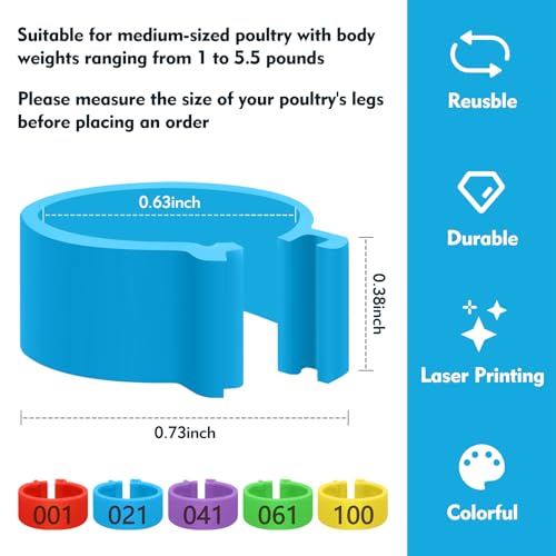 100 Pcs 16mm Plastic Chicken Leg Bands, Color-Coded Leg Bands for Chickens & Farmers, Notched Ring Design Chicken Bands Leg for Easy Flock Management
