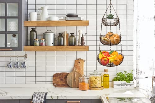 CAXXA 3-Tier Hanging Basket Fruit Organizer Kitchen Heavy Duty Wire Organizer with 2 Free Bonus Metal Ceiling Hooks(Bronze) - color: Bronze
