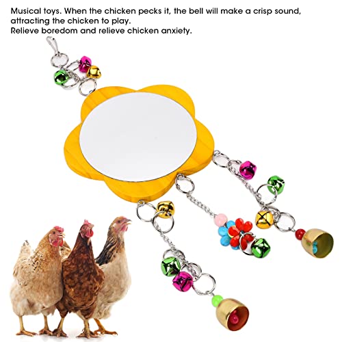 Chicken Mirror Toy, Hanging Wood Poultry Mirror with Colorful Bells, Interactive Pet Chicken and Bird Enrichment Toy