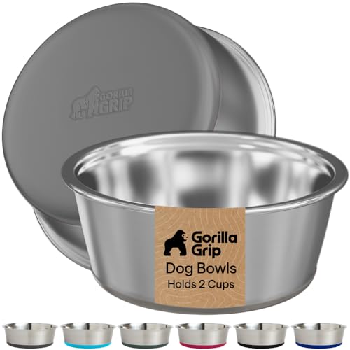 GORILLA GRIP Dog Bowls, Food Grade 304 Stainless Steel, Holds 2 Cups Each (16 fl oz) Food and Water Bowl for Feeding Dogs and Cats, Dishwasher Safe, Rust Resistant, BPA Free Rubber Base Set of 2 Gray - color: Gray, size: 2 Cup (16 Oz)