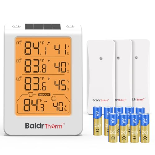 BaldrTherm Indoor Outdoor Thermometer Wireless, Temperature Humidity Monitor with 3 Remote Sensors, 4.8" Digital Display 330ft Range Real-Time Alerts Hygrometer Thermometer, Orange Backlight - color: Orange